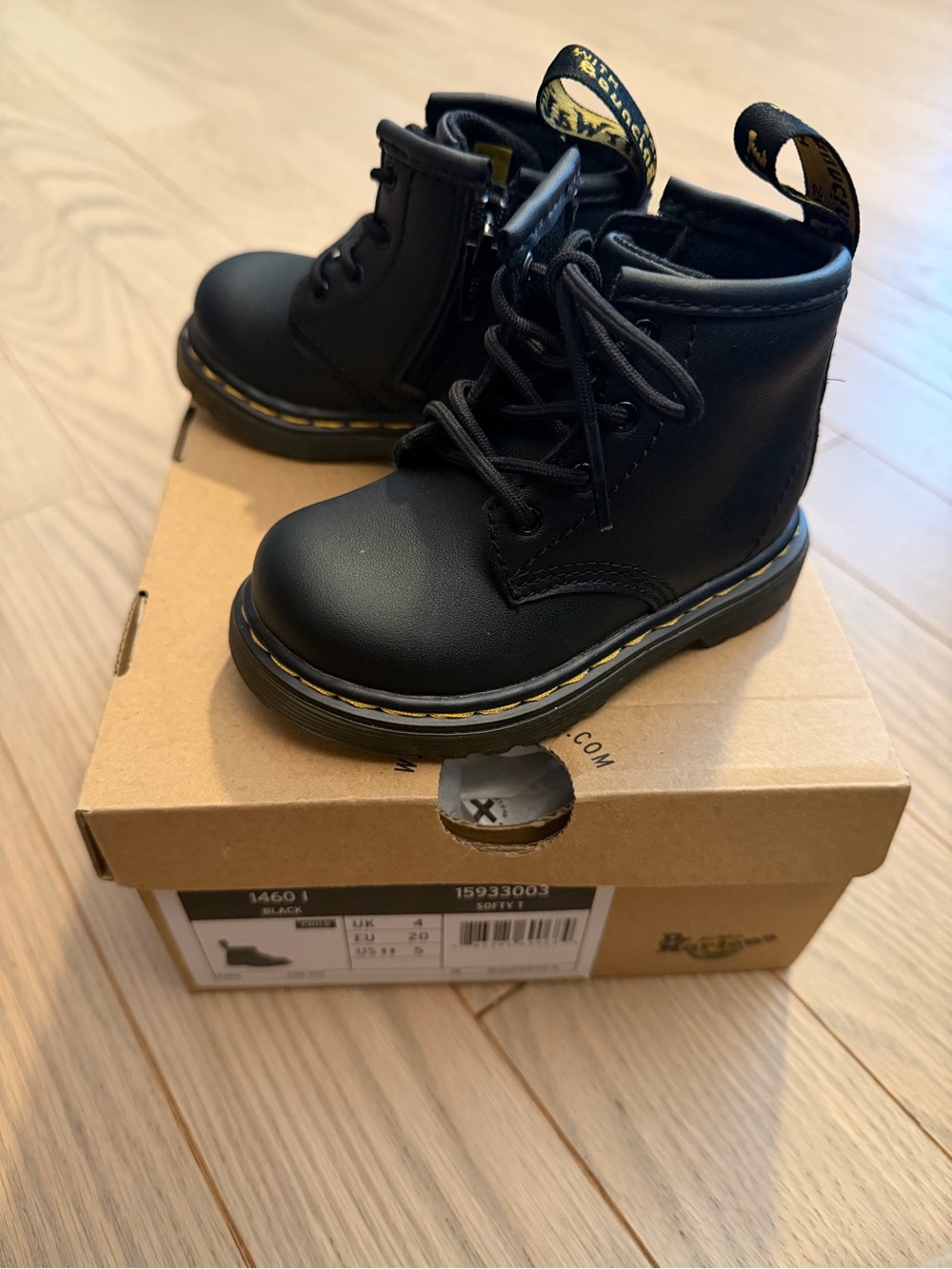 Dr. Martens Toddler Black Lace-Up Ankle Boots with Yellow Stitching